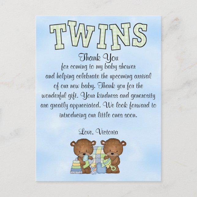 Postal Baby Shower Twys Boys Teddy Bear (Anverso)