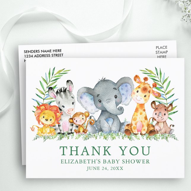Postal Baby Shower Watercolor Safari Animals Gracias (Customize to change text size, color or text style.)
