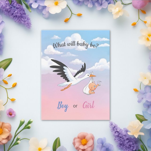 Postal Baby Stork Clouds Gender Reveal Party Invitation (Subido por el creador)