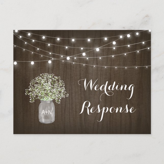 Postal Babys Breath Mason Jar Rustic Lights Wedding RSVP (Anverso)