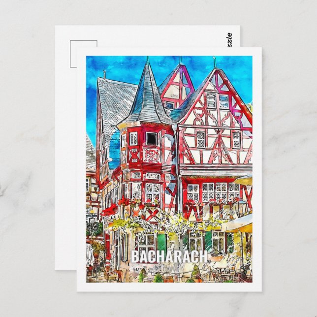 Postal Bacharach Alemania Famoso Sketch acuático de viaje (Anverso / Reverso)