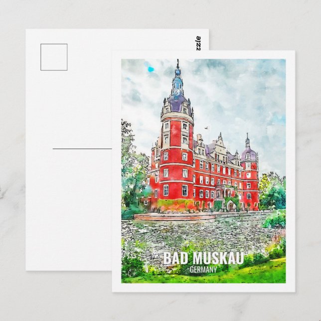 Postal Bad Muskau Alemania Travel Place Watercolor (Anverso / Reverso)
