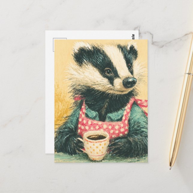 Postal Badger Adorable con un café rojo de polka (Anverso/Reverso In Situ)