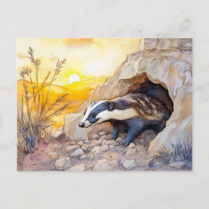 Postal Badger saliendo de una madriguera en el flanco del