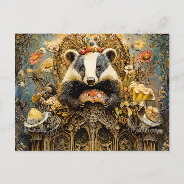 Postal Badgers sobre un hongo en una escena de fantasía (Anverso)