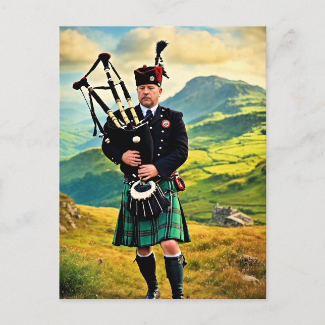Postal Bagpipes en Escocia, generados por IA, (Anverso)