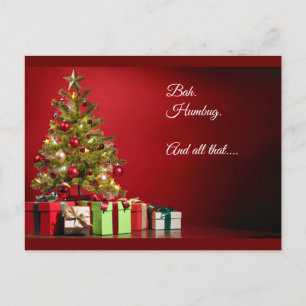 Postal "Bah. Humbug. Y todo eso..." árbol con regalos