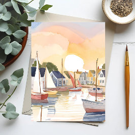 Postal Bahía de Barcos | Pintura en acuarela de agua del 