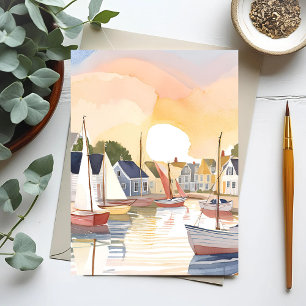 Postal Bahía de Barcos   Pintura en acuarela de agua del 