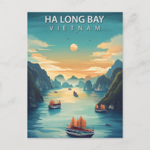 Postal Bahía de Ha Long Vietnam Barcos Vintage