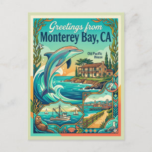 Postal Bahía de Monterey California Delfín Estilo Vintage