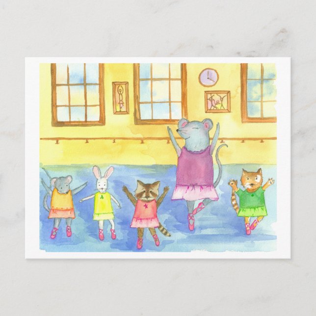 Postal Bailando animales Raccoon Mouse Kitten Bunny (Anverso)