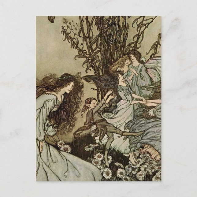 Postal "Bailando con las hadas" por Arthur Rackham (Anverso)