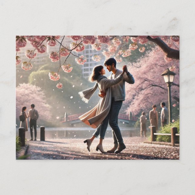 Postal Bailando en el parque Ueno en Japón en primavera (Anverso)