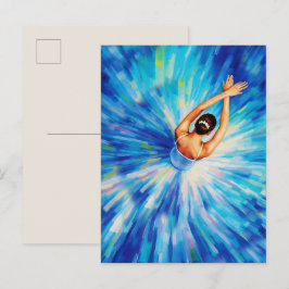 Postal Bailarina elegante en vórtice azul cósmico Pop Art