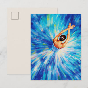 Postal Bailarina elegante en vórtice azul cósmico Pop Art