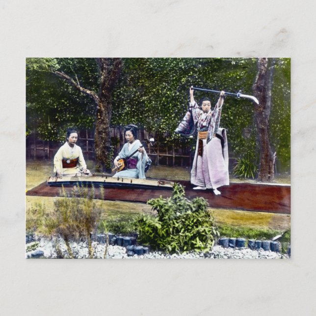 Postal Bailarina y músicos japoneses vintan (Anverso)