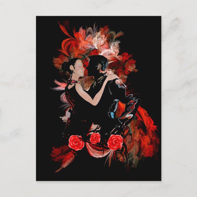 Postal Bailarinas románticas de tango sobre fractal rojo (Anverso)