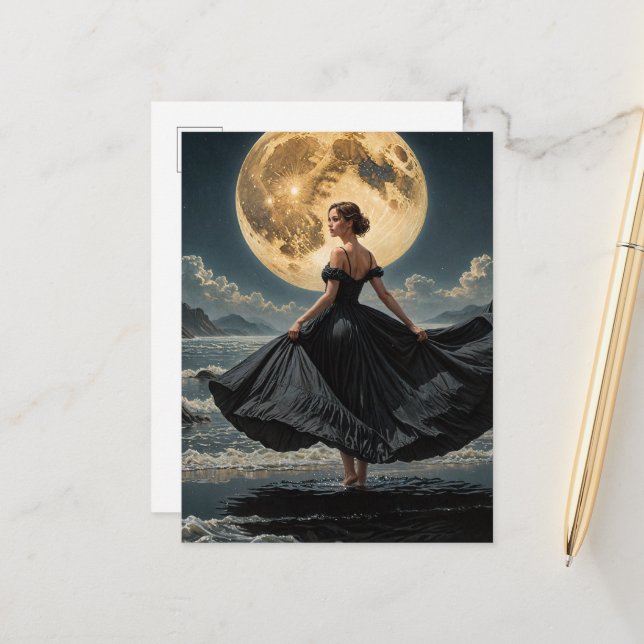Postal Baile oceánico bajo la luna de una mujer vestida d (Anverso/Reverso In Situ)