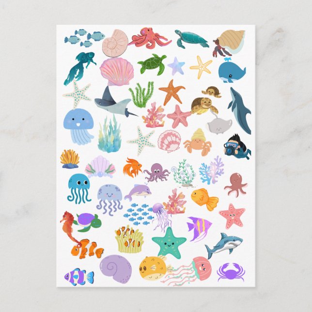 Postal Bajo el mar, acuarela, decoración fina (Anverso)