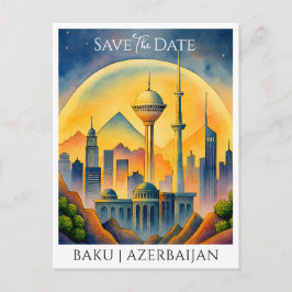 Postal Baku Azerbaiyán Acuarela Salva la Fecha