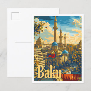 Postal Bakú Azerbaiyán Ilustracion de viajes de arte vint