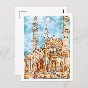 Postal Bakú Azerbaiyán, lugar de viaje, acuarela