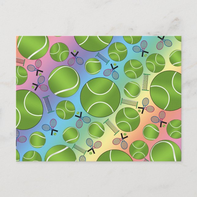 Postal Balas de tenis arco iris con raquetas y redes (Anverso)