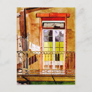 Postal Balcón con lavandería - dibujo de acuarela