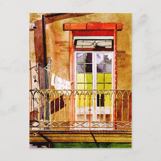 Postal Balcón con lavandería - dibujo de acuarela (Anverso)