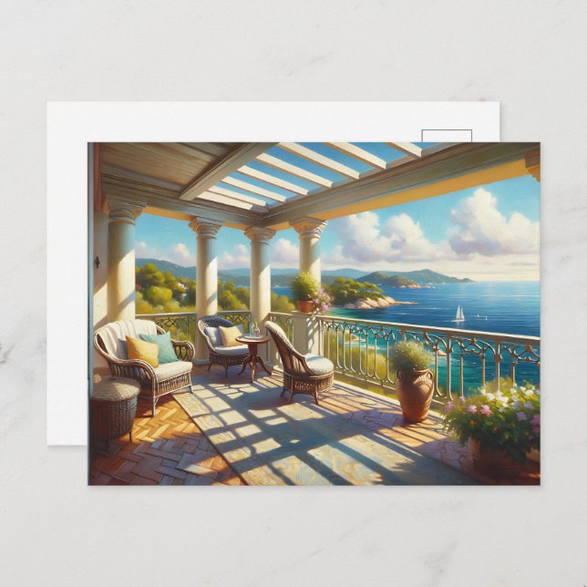 Postal Balcón soleado con vistas al mar (Anverso / Reverso)