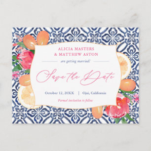 Postal Baldosas Blancas Azules Boda De Citrus Rosa Salven