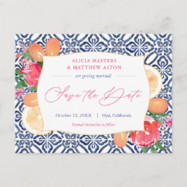 Postal Baldosas Blancas Azules Boda De Citrus Rosa Salven