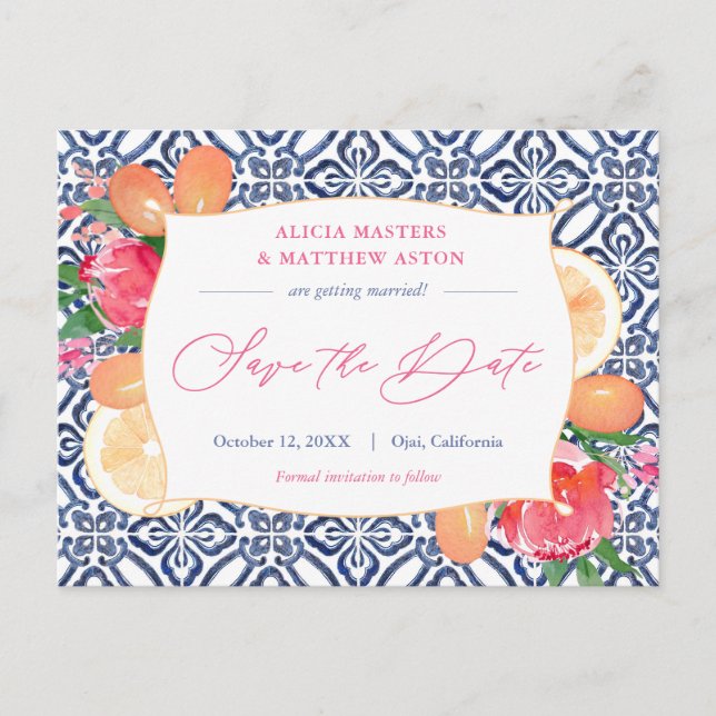 Postal Baldosas Blancas Azules Boda De Citrus Rosa Salven (Anverso)
