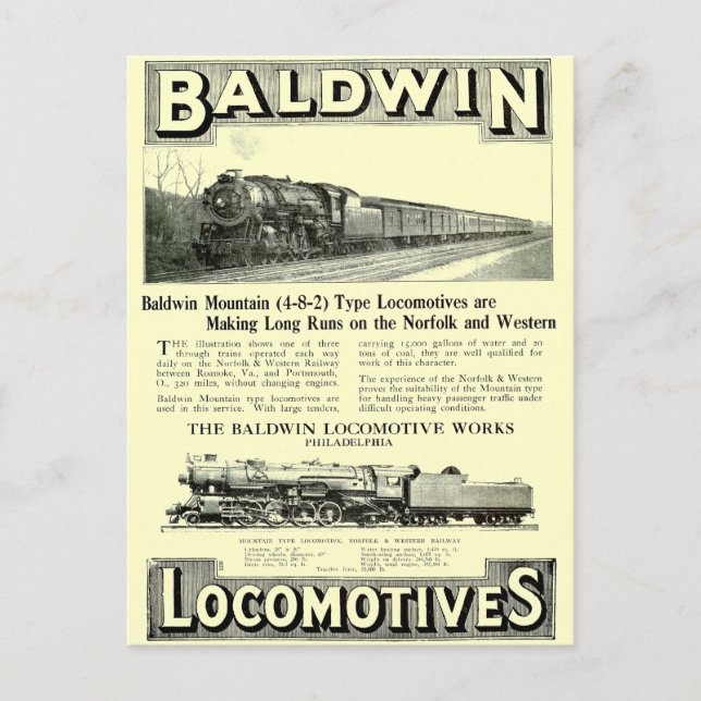 Postal Baldwin Steam Locomotive Mountain Tipo en 1924 (Anverso)