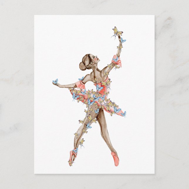 Postal Balerina bailarina de acuarela con mariposa (Anverso)