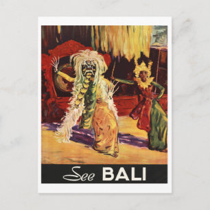 Postal Bali, máscara tradicional, baile, viaje vintage