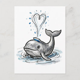 Postal Ballena Alegre Rociando Fuente de Corazón Tinta Ma