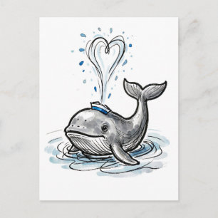 Postal Ballena Alegre Rociando Fuente de Corazón Tinta Ma