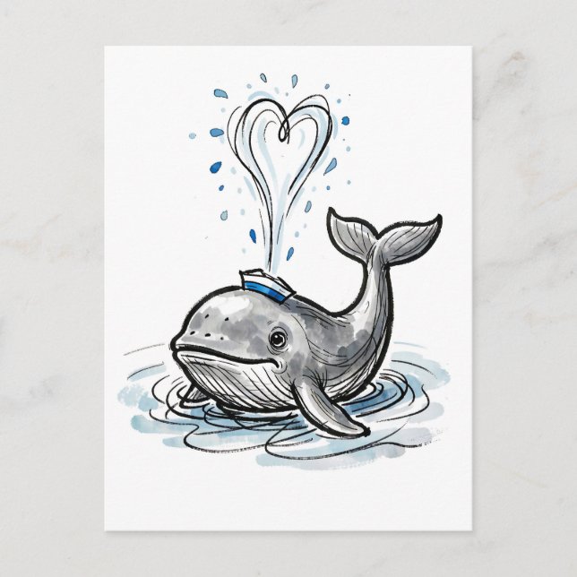 Postal Ballena Alegre Rociando Fuente de Corazón Tinta Ma (Anverso)