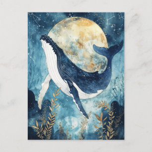 Postal Ballena bajo luna llena con cielo estrellado