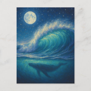 Postal Ballena bajo ola iluminada por la luna - Estilo de