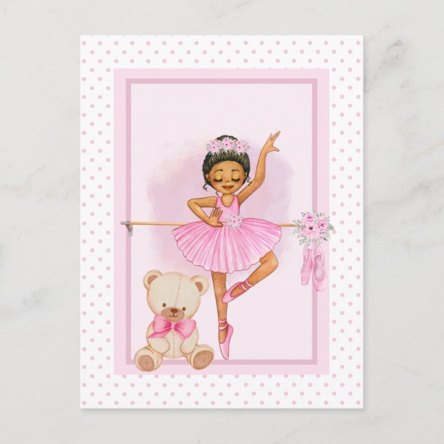 Postal Ballerina chica y oso de peluche punto polka rosa (Anverso)