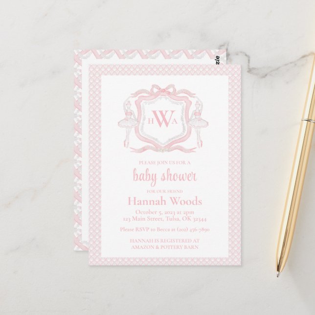 Postal Ballerina Monogram Grandmillennial Baby Shower (Anverso/Reverso In Situ)