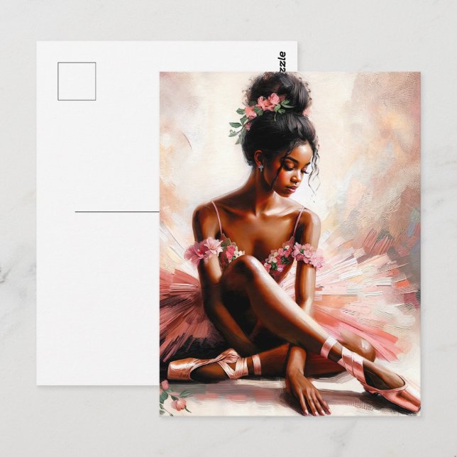 Postal Ballerina Negra Con Arte De Tutu Rosa (Anverso / Reverso)