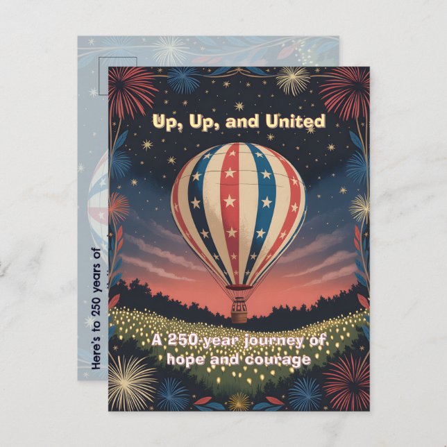 Postal Balloon Fireworks 1776–2026 Backyard Party Invite! (Anverso / Reverso)