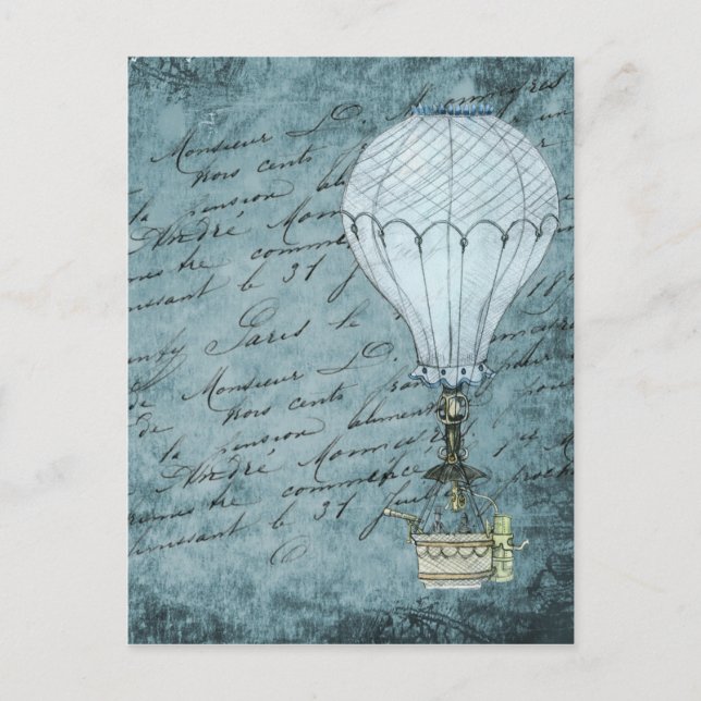Postal Balón de aire caliente Steampunk Escritura a mano  (Anverso)