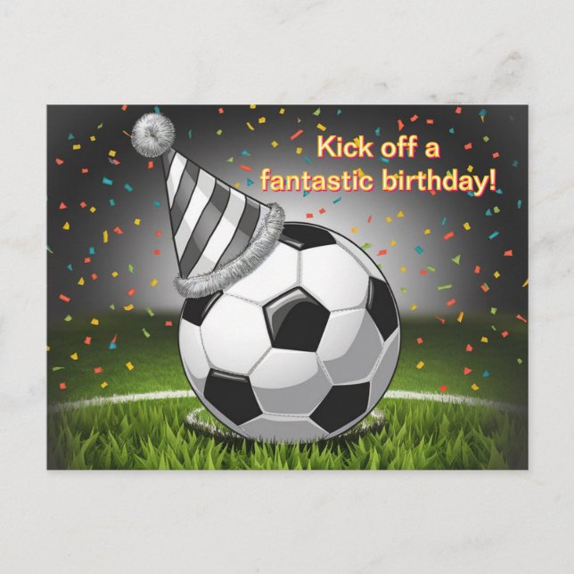 Postal balón de fútbol con sombrero de cumpleaños confeti (Anverso)