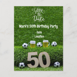 Postal Balón de fútbol cumpleaños 50 con cerveza sobre ve