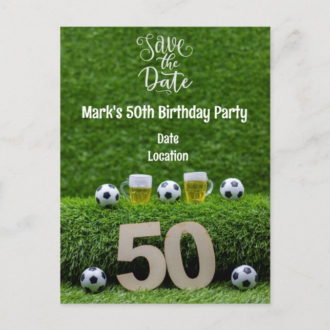 Postal Balón de fútbol cumpleaños 50 con cerveza sobre ve (Anverso)